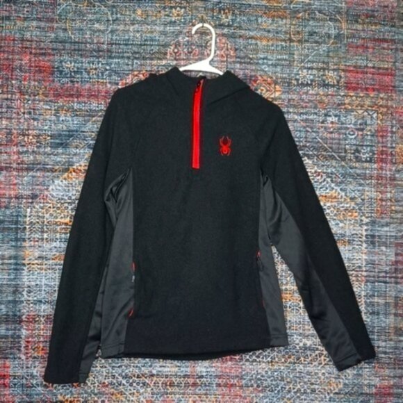 Spyder men black charcoal red trim Boundless 1/2 zip hooded lined pullover S EUC - Picture 1 of 6